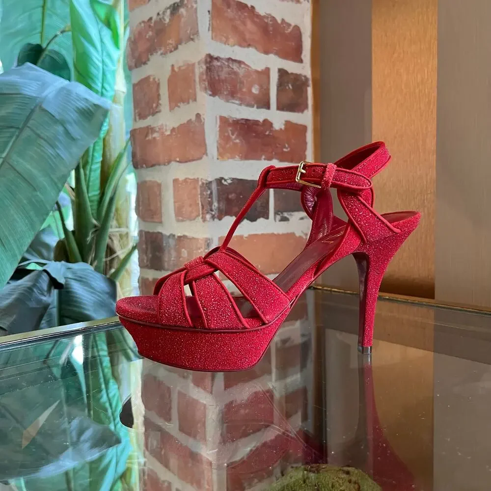 SAINT LAURENT Red Suede Glitter Tribute Heels SZ 36 (US 6) - Picture 2 of 11